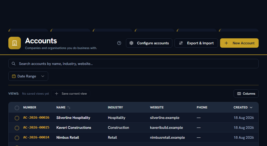 Accounts — the organisations you sell to, grouping their contacts and deals