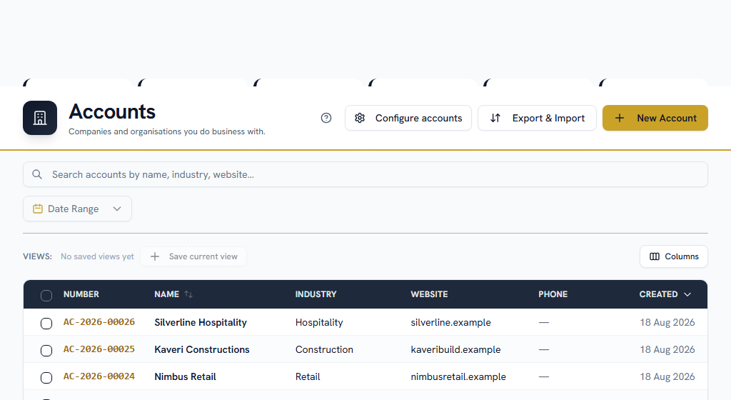 Accounts — the organisations you sell to, grouping their contacts and deals