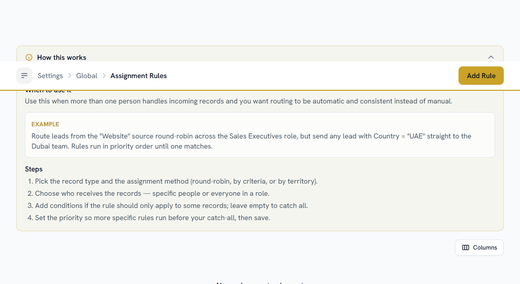 Assignment Rules — who a new record goes to, in priority order, first match wins