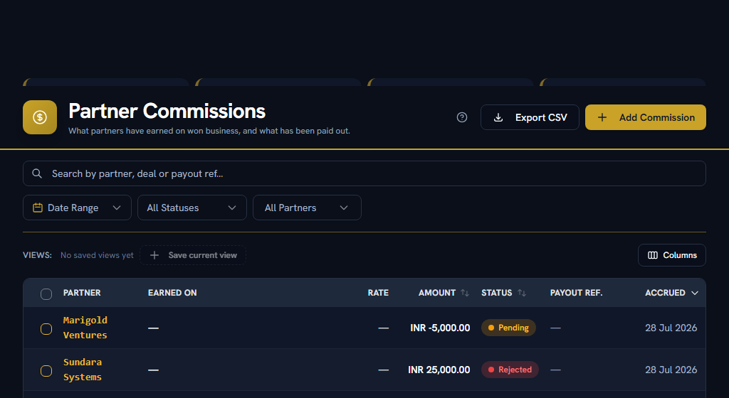 Commissions — accrued, approved, paid, and the reference the payment is looked up by