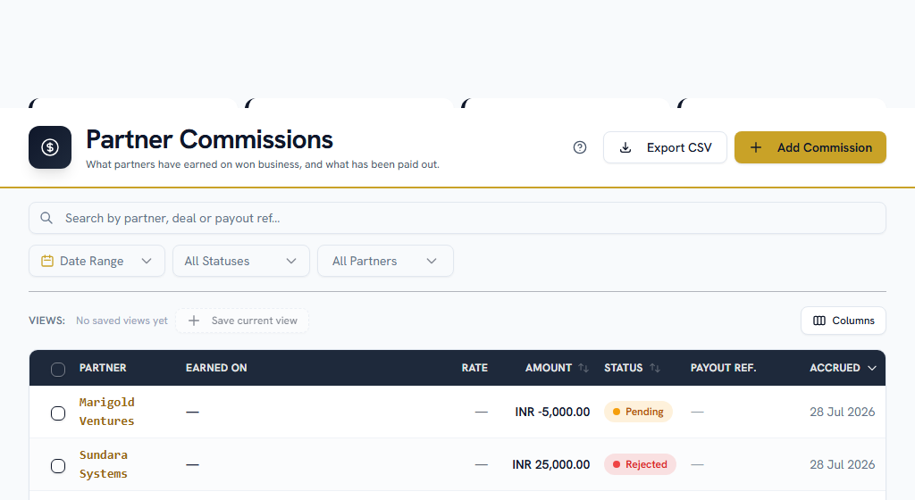 Commissions — accrued, approved, paid, and the reference the payment is looked up by