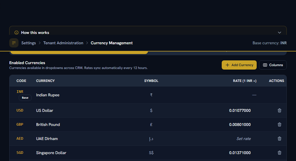 Currency Rates — enable a currency here or a deal in it can never be won
