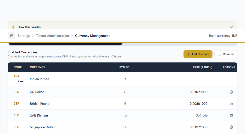 Currency Rates — enable a currency here or a deal in it can never be won