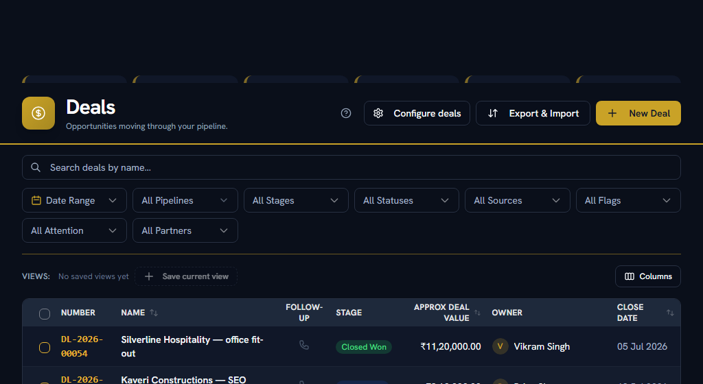 Deals — open opportunities by stage, amount and expected close date