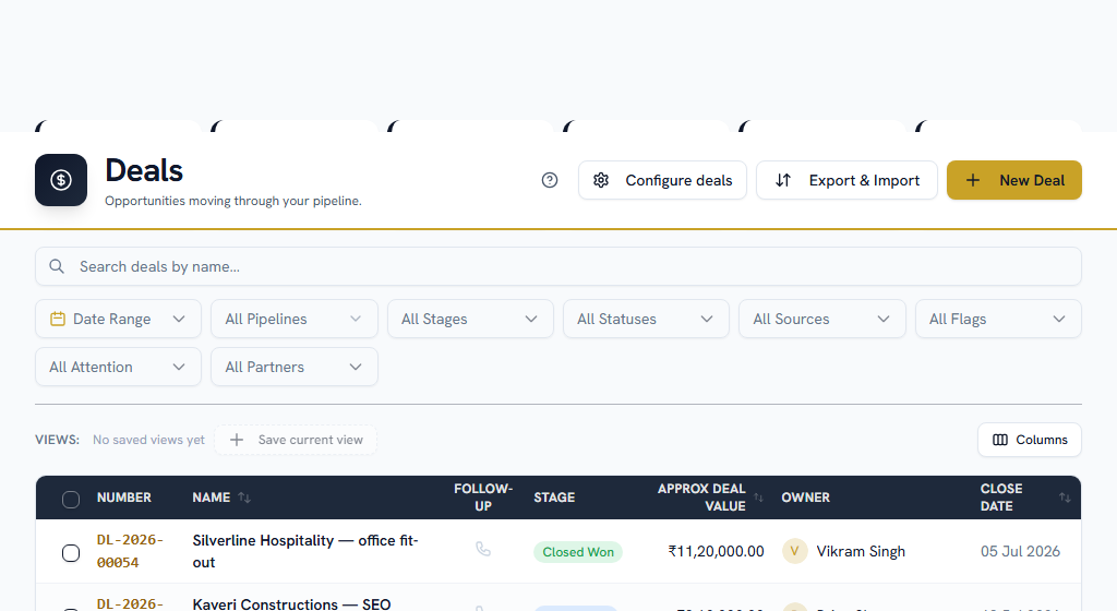 Deals — open opportunities by stage, amount and expected close date