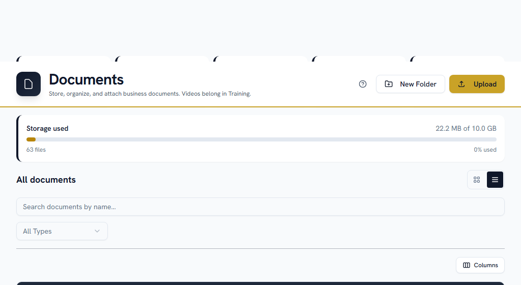 Documents — every file attached to a CRM record, with the record named beside it