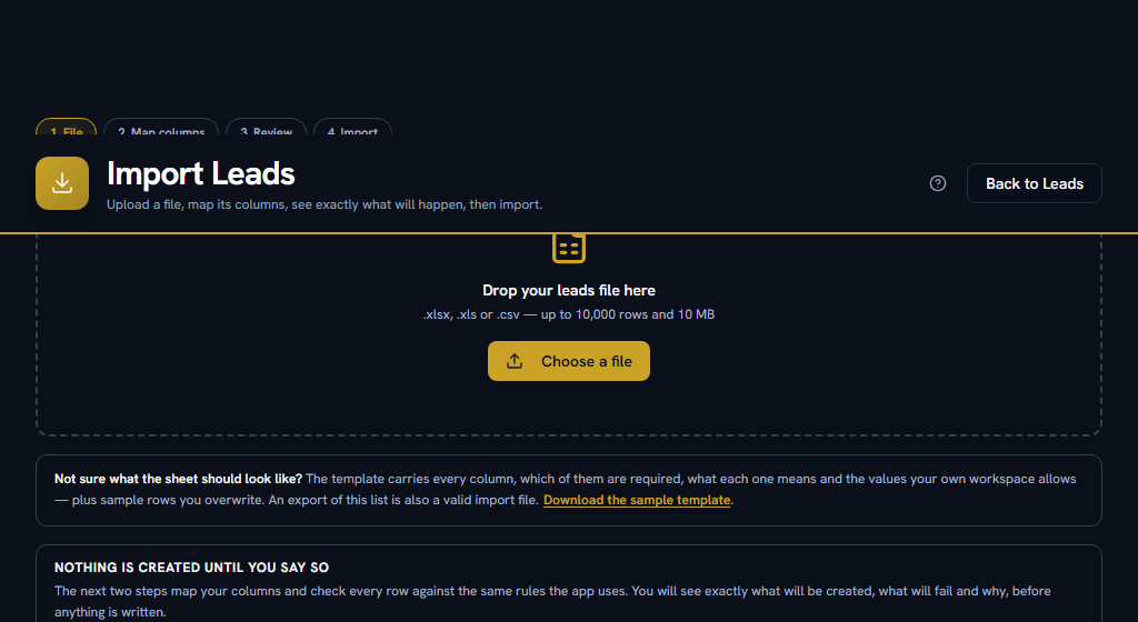The import wizard — pick, map, review, import; nothing is written until the last step