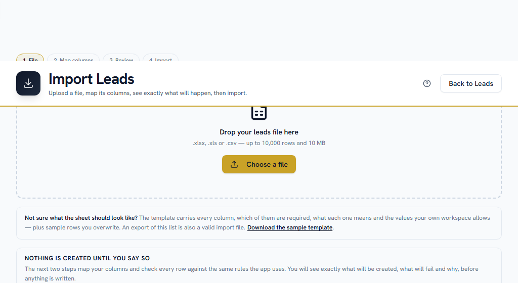 The import wizard — pick, map, review, import; nothing is written until the last step