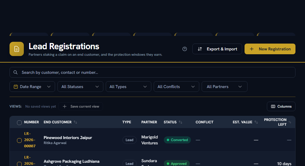 Lead Registrations — a partner staking a claim, and the conflict banner on review