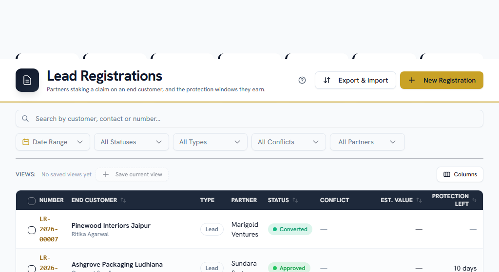 Lead Registrations — a partner staking a claim, and the conflict banner on review