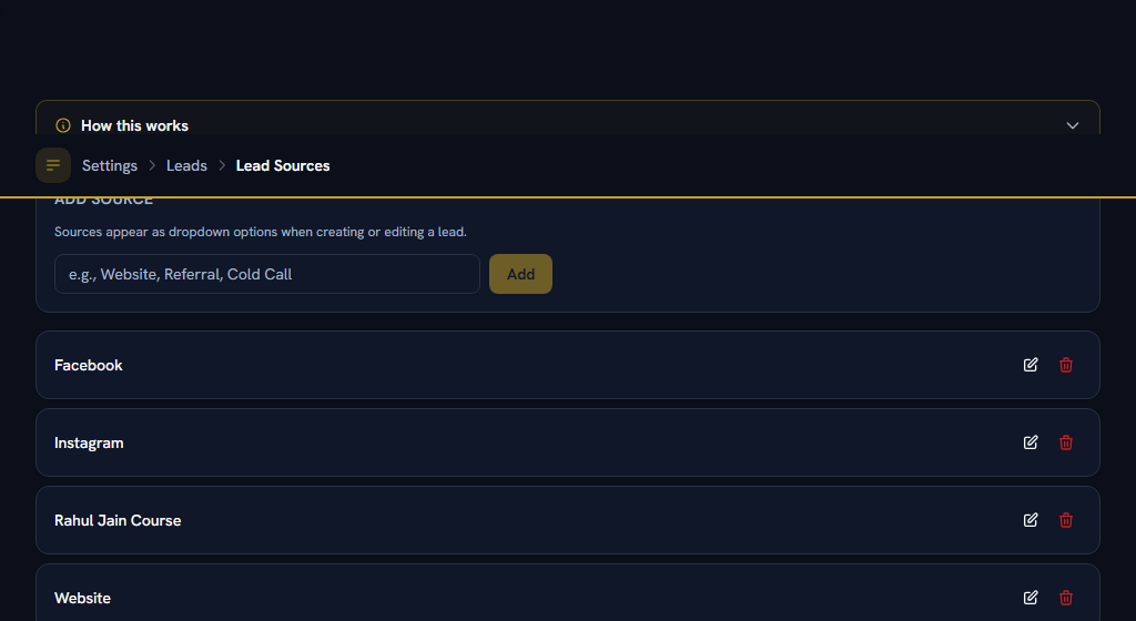 Lead Sources — the list a rep picks from, and the axis every channel report groups by