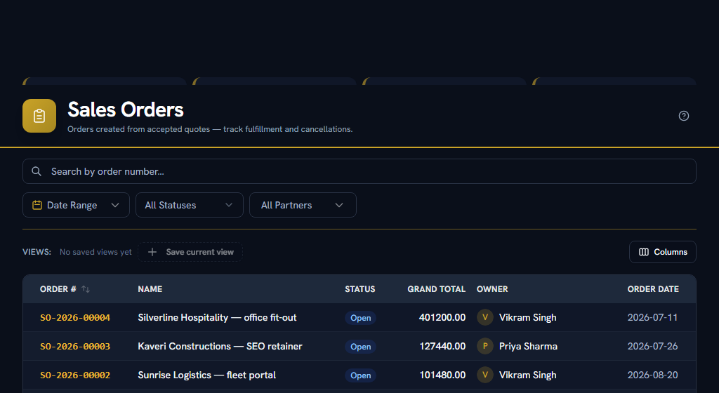 Orders — created for you when a deal is won, never by hand