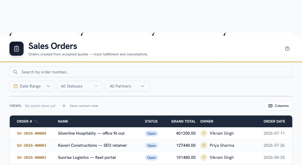 Orders — created for you when a deal is won, never by hand