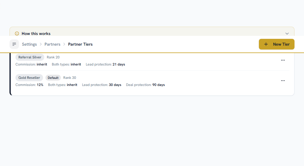 Partner Tiers — shared commercial terms, where a blank field means inherit, not zero