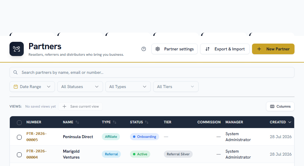 Partners — the organisations you sell through, with their tier and agreement