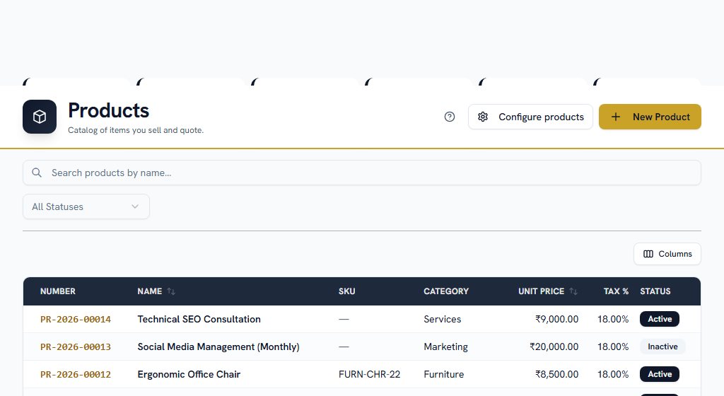 Products — the catalog quote lines are looked up from