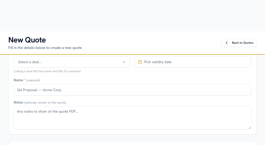 Building a quote — lines from the product catalog, with discount and tax