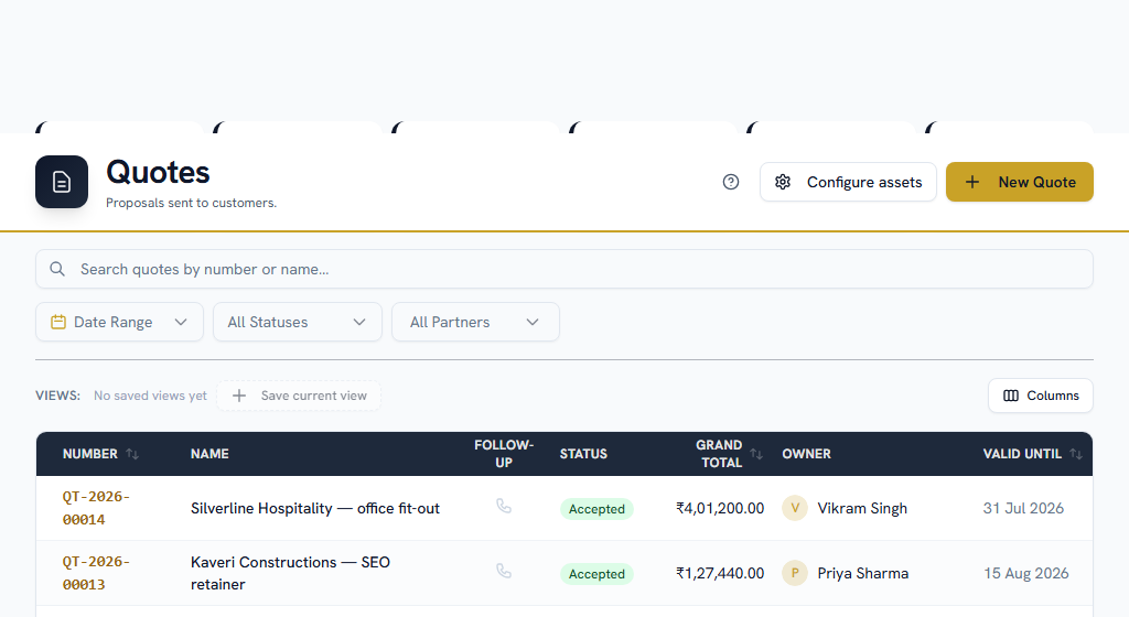 Quotes — status, valid-until, and the row menu that prints, downloads and shares