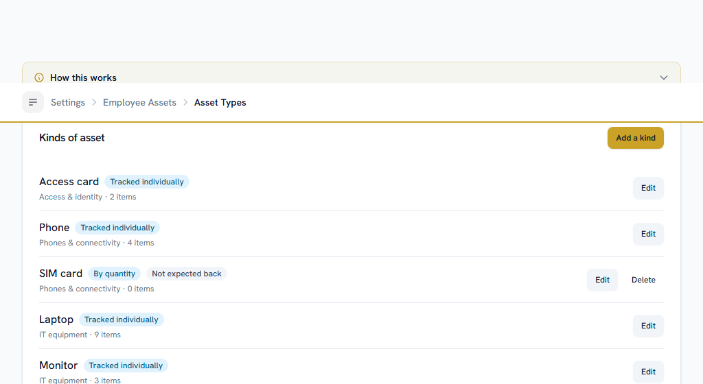 Asset kinds — tracked one unit at a time, or issued by quantity. Frozen once anything exists under a kind