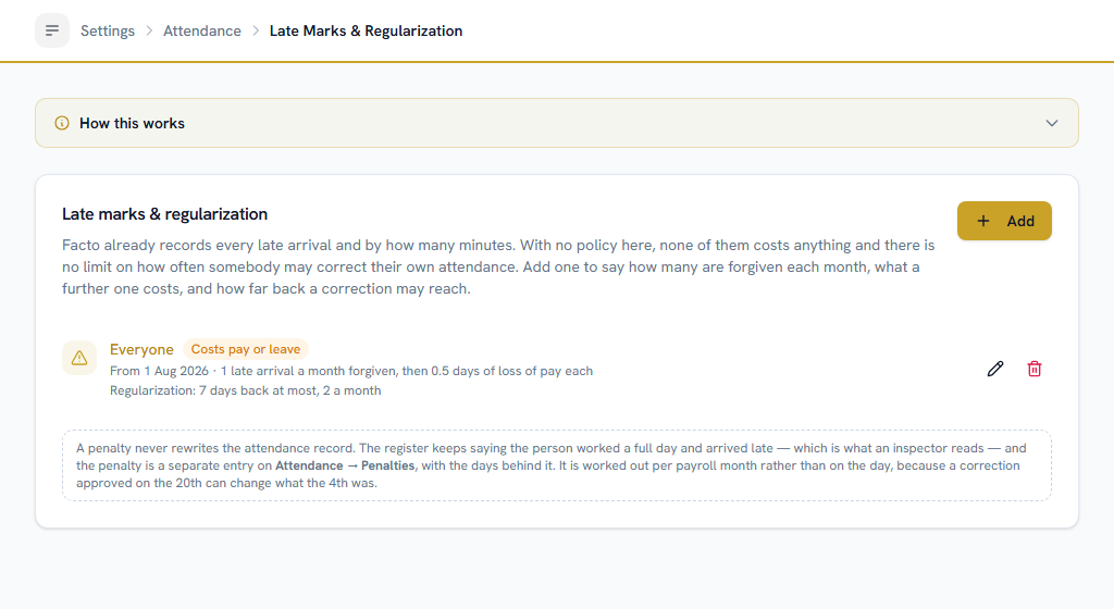 Late Marks & Regularization — how many late arrivals a month are forgiven, and what a further one costs