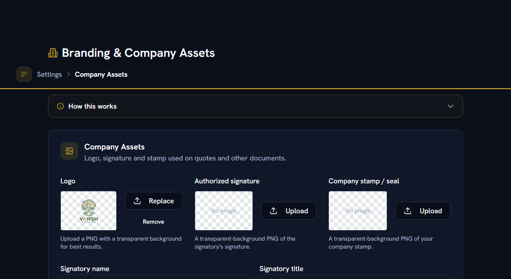 Company Assets — legal name, PAN, bank account and signatory all live here