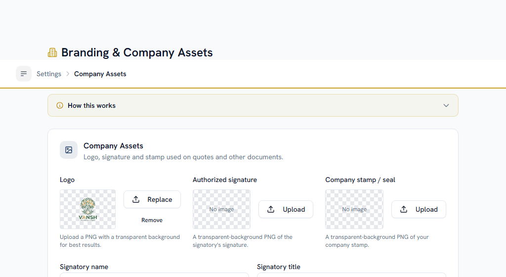 Company Assets — legal name, PAN, bank account and signatory all live here