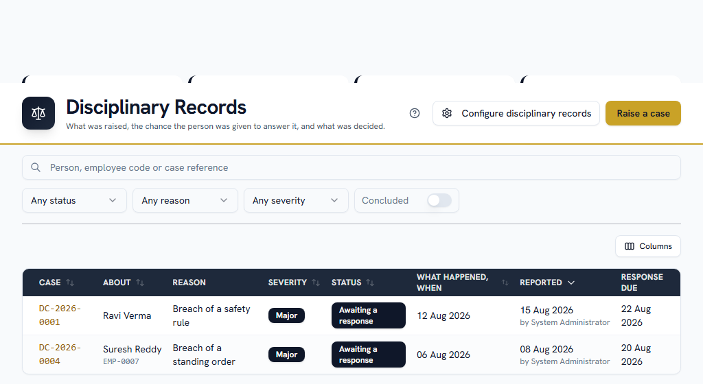 The disciplinary register — the reason code groups it, and the allegation is never a column