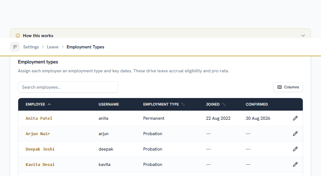 Employment Types — leave eligibility is keyed on these, so they come first