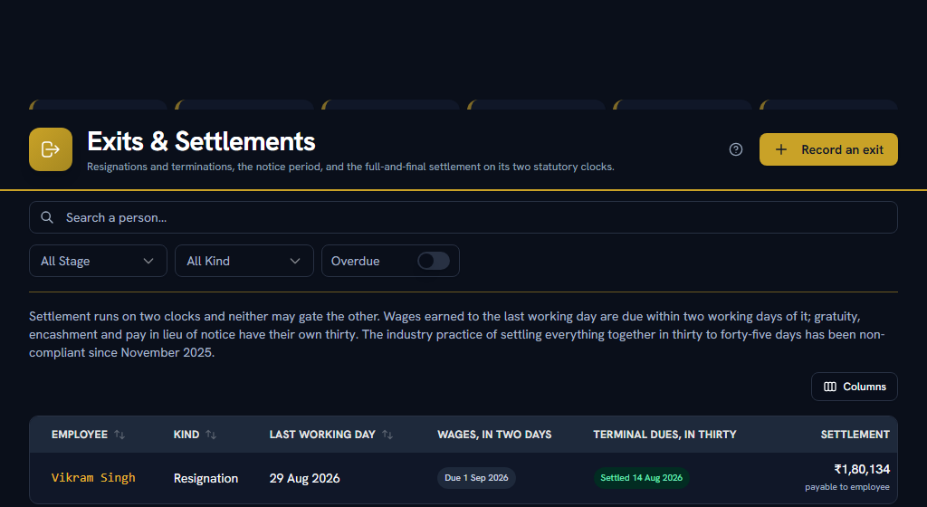 Exits & Settlements — a leaver's final month is a settlement, not an ordinary run