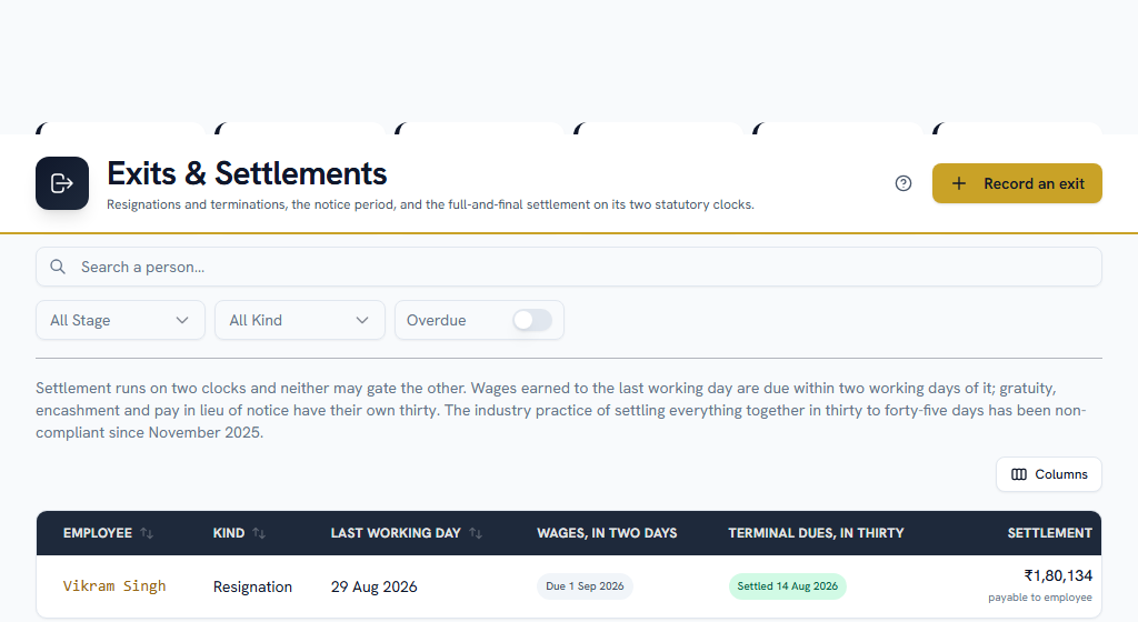 Exits & Settlements — a leaver's final month is a settlement, not an ordinary run