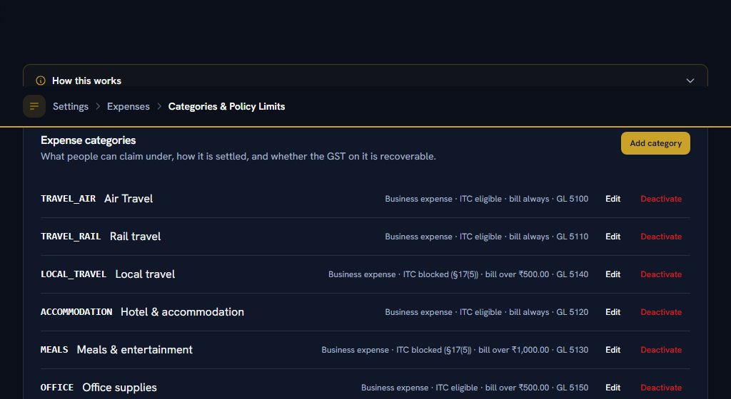 Categories & Policy Limits — nothing can be claimed until this is filled in