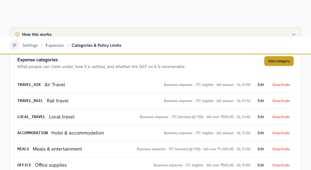 Categories & Policy Limits — nothing can be claimed until this is filled in