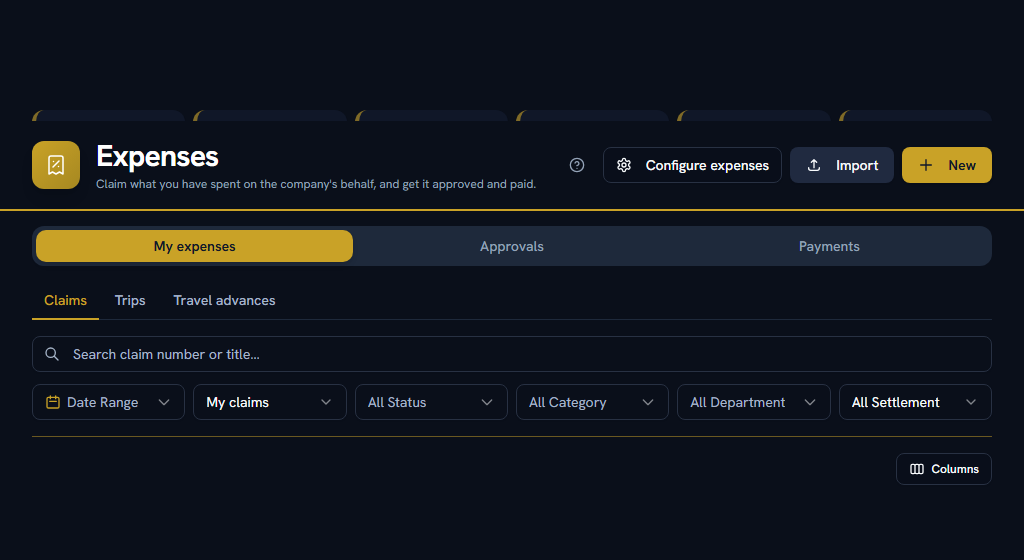 Claims — one line per expense, with its category and department