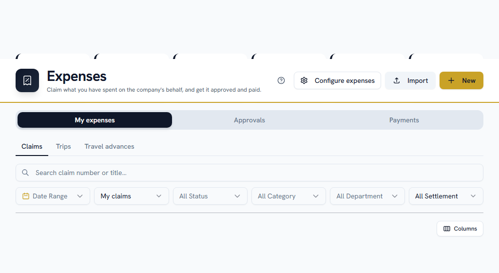 Claims — one line per expense, with its category and department