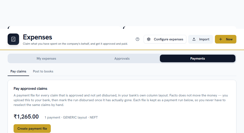 Payments — approved claims waiting for a bank file, then marked paid