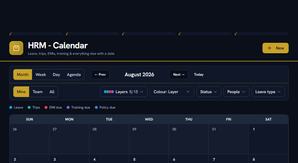 The HRM calendar — who is off, company holidays and your own commitments in one grid