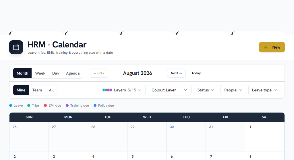 The HRM calendar — who is off, company holidays and your own commitments in one grid