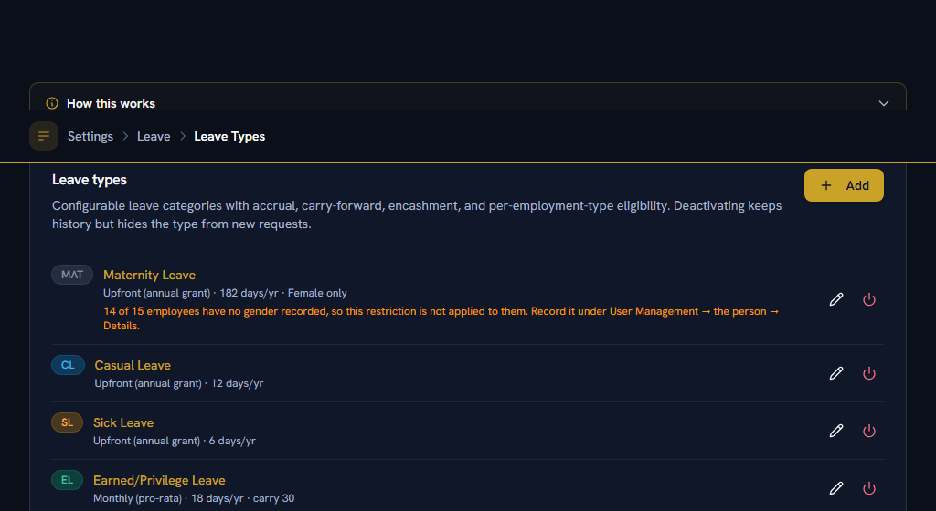 Leave Types — the list the request form and every balance come from