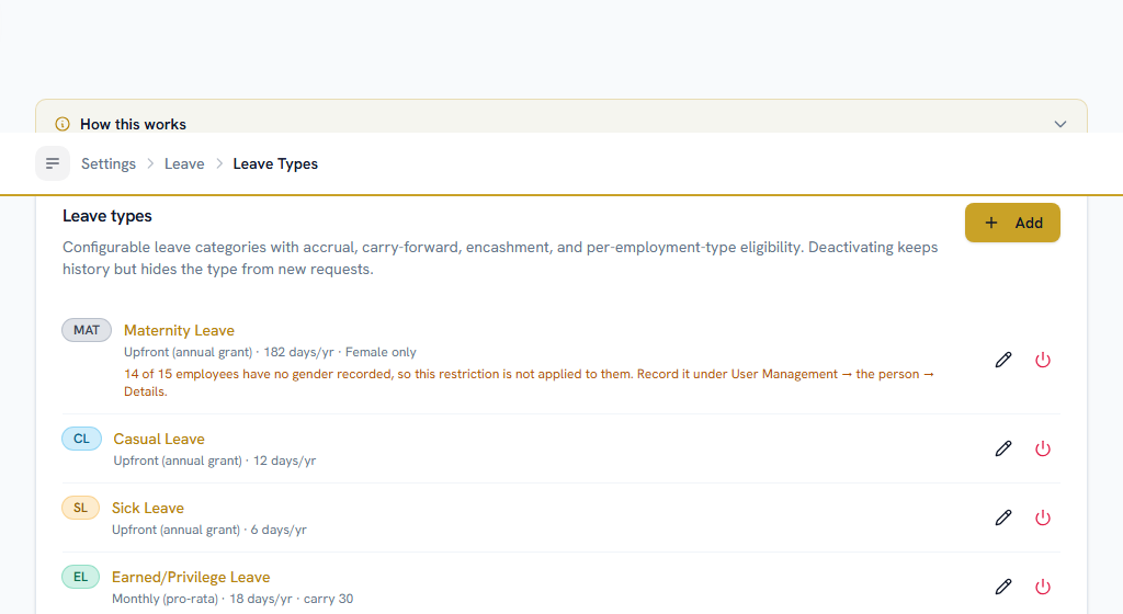 Leave Types — the list the request form and every balance come from