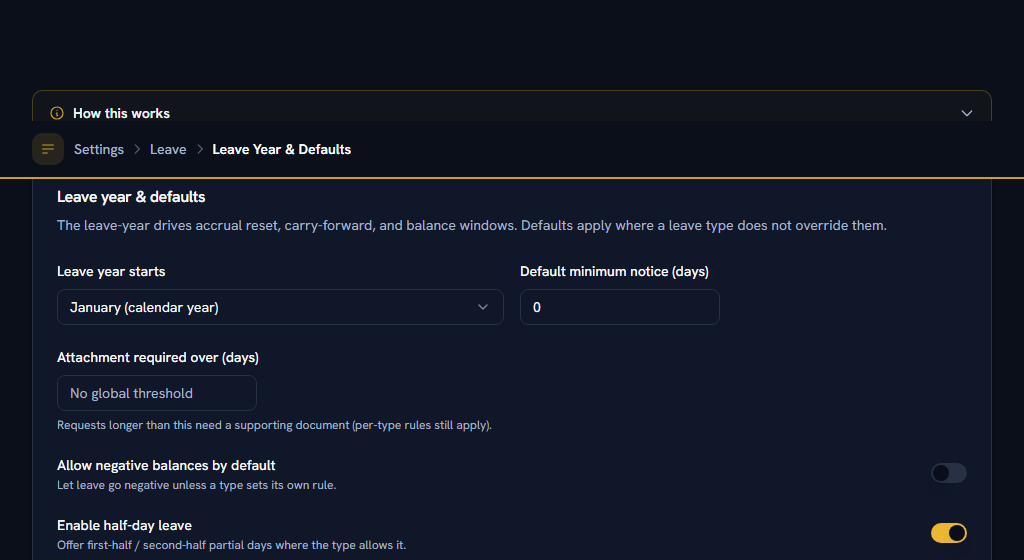 Leave Year & Defaults — set this before you add a single leave type