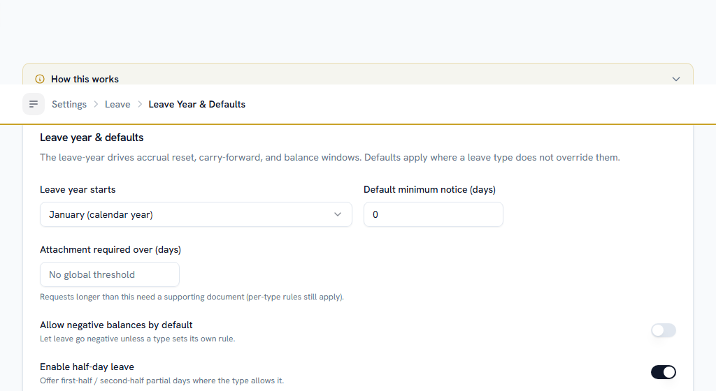 Leave Year & Defaults — set this before you add a single leave type