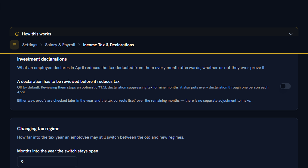 Income Tax & Declarations — set in April, before declarations open