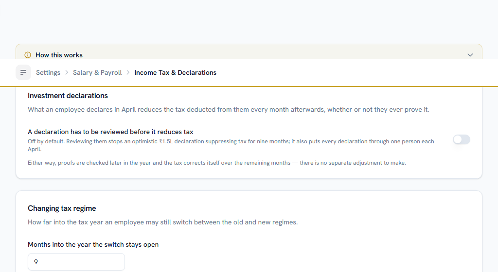 Income Tax & Declarations — set in April, before declarations open