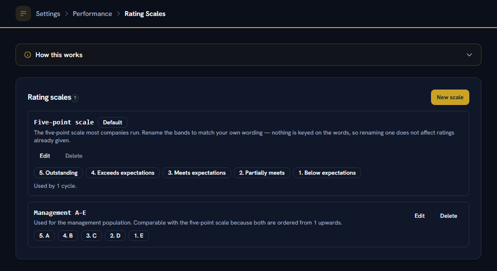 Rating Scales — the bands people are scored against, read by POSITION so renaming one is safe