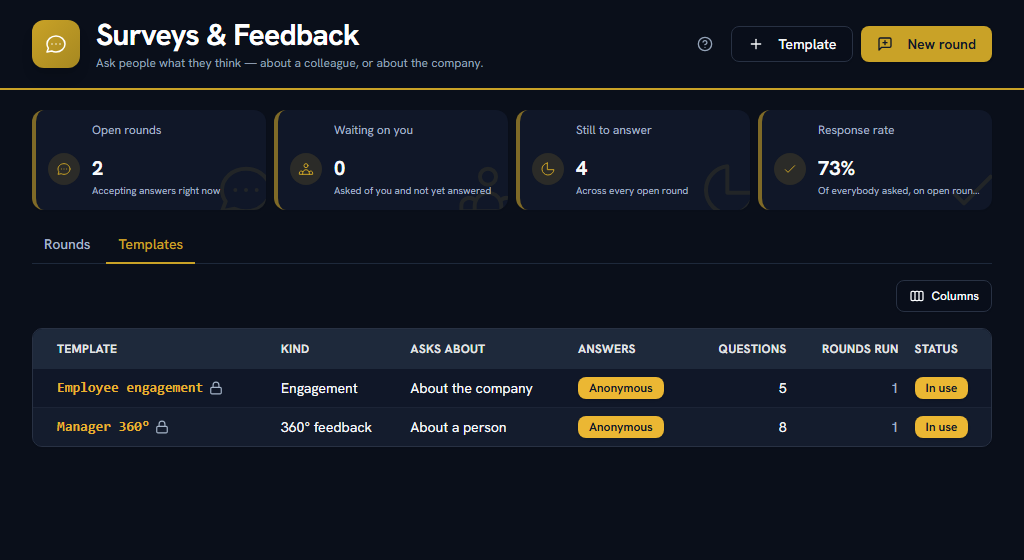 Templates — the question set, its themes, and whether answers carry a name at all