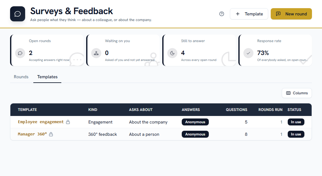 Templates — the question set, its themes, and whether answers carry a name at all