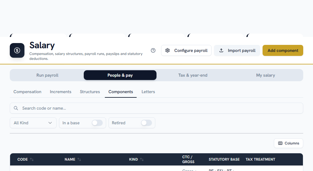 Components — the nine statutory heads are seeded; the earnings are yours to add