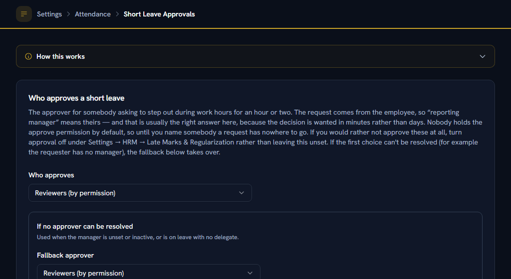 Short Leave Approvals — nobody holds the approve permission by default, so a request has nowhere to go until you name somebody